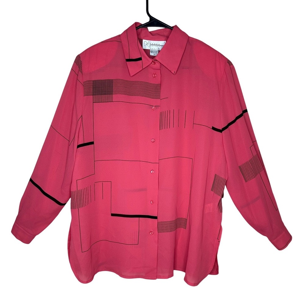 Nygard Collection Petite Pink Black Geometric Abstract Button Up Blouse 14P NEW